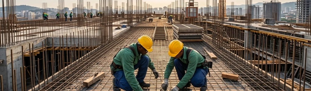 Two construction workers on a steel rebar grid at a sunlit high-rise construction site.