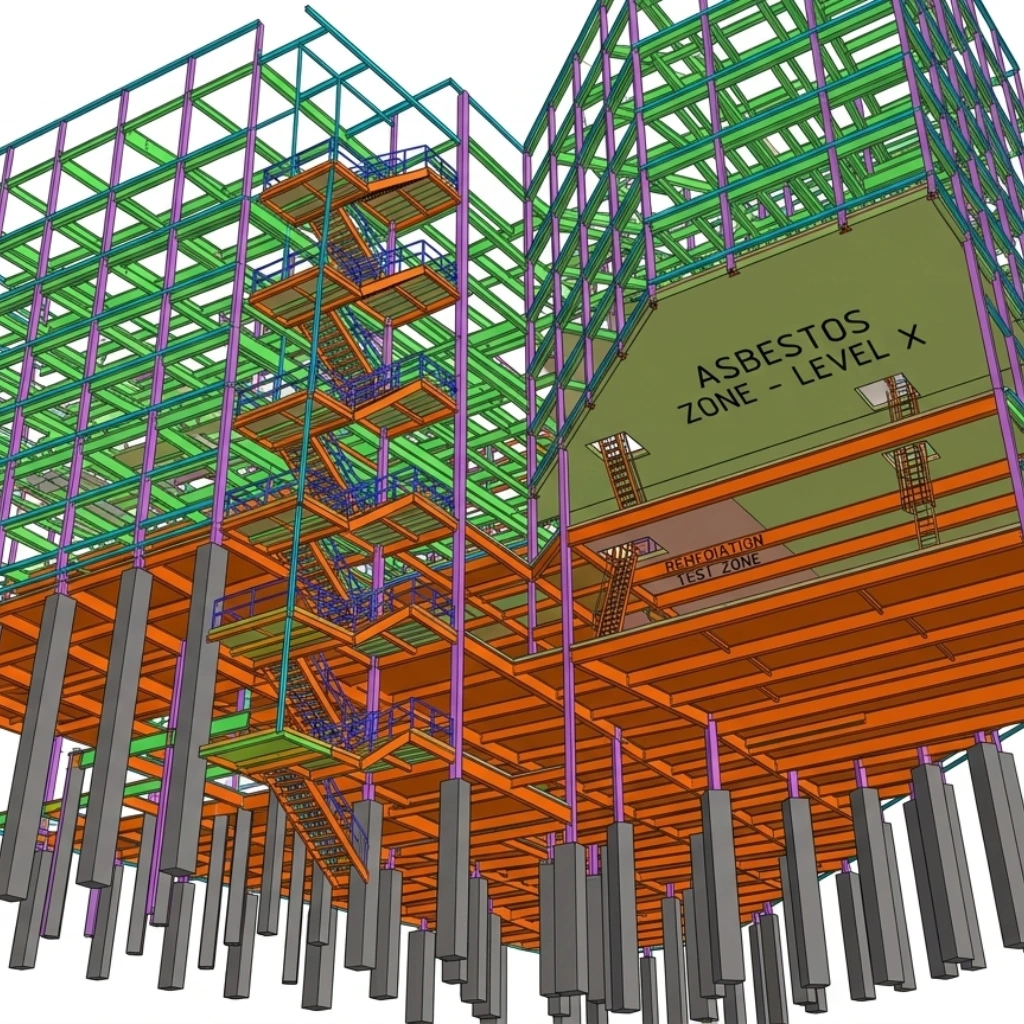 A low-angle 3D structural model of a large building featuring a colorful steel framework