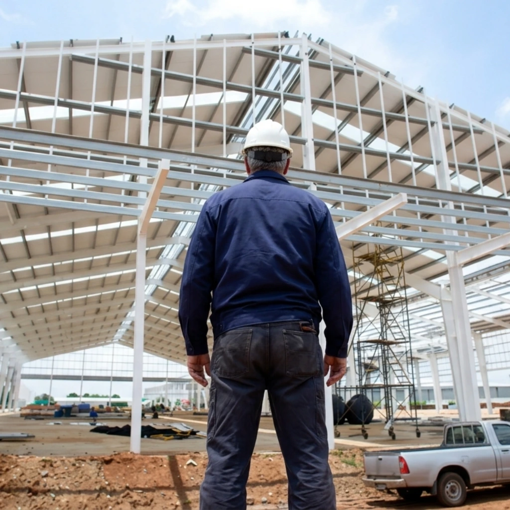 A worker from behind looking at a large steel-frame building.