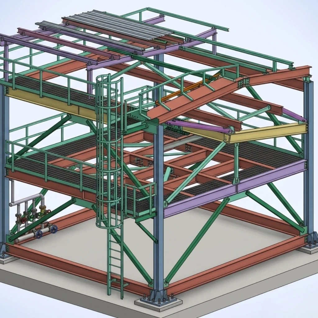A full 3D isometric CAD model of a multi-level industrial steel platform