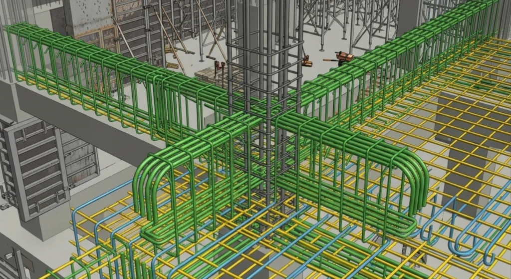 3D isometric view of complex color-coded rebar reinforcement