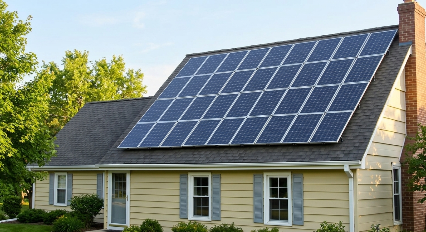 A suburban house with pale yellow siding and a large solar panel array installed on the roof